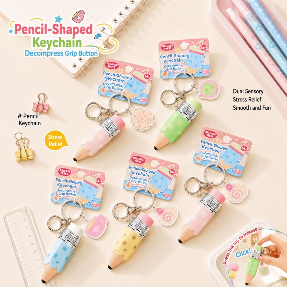 Cartoon Pencil Press Button Toy Keychain with Lights Sound Bag Pendant Toy Key,Bag Charm