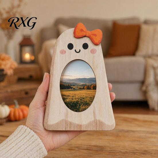 Ghost Theme Home Ornament Halloween Wooden Photo Frame, Pumpkin/Ghost Picture Frame for Wall Rustic Wood Holiday Gift Hanging or Desktop Display,