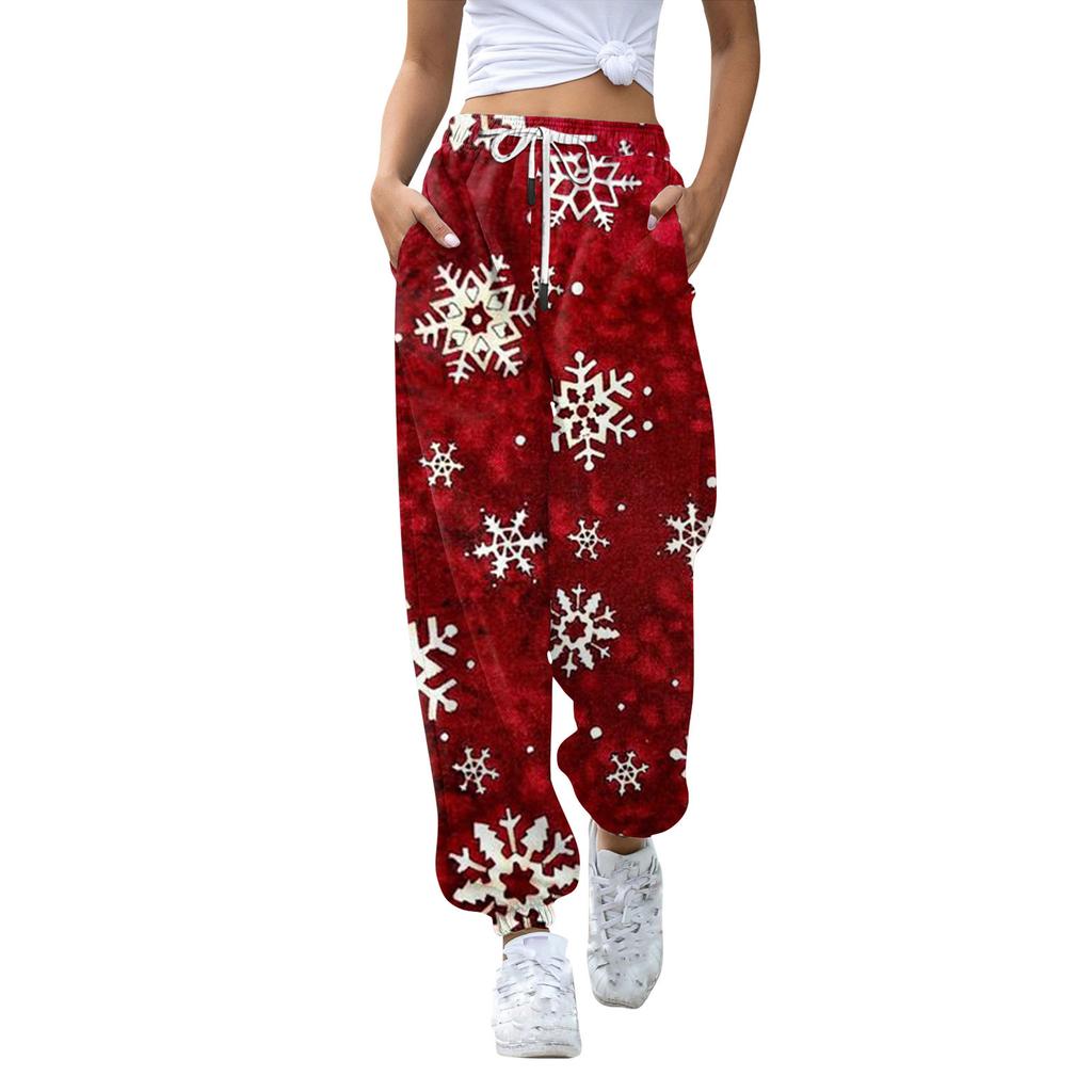 Женские повседневные модные рождественские принтованные повседневные спортивные брюки с эластичной талией и завязками на шнурке