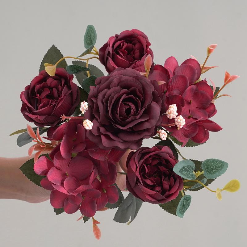 Artificial Fake Flower Bouquet Rose & Hydrangea Silk Flowers for Home Vase Bridal Shower Decor Photo Studio Floral Props