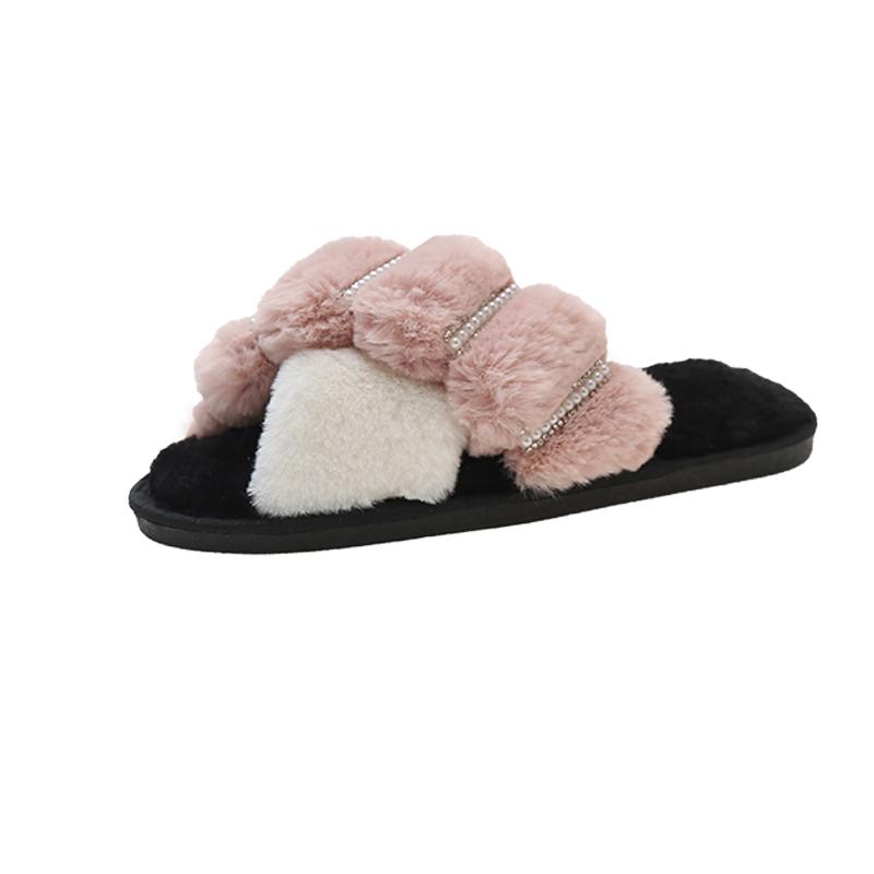 Женские пушистые тапочки для дома Осень Зима Однотонные Нескользящие Повседневные Комнатные Балетки Блестящие Клепки Домашняя Обувь Женские Шлепанцы Теплая Обувь