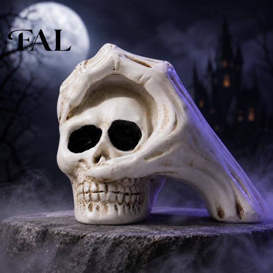 Spooky Secret Room Props Halloween Skull Hand Sculpture, Gothic Skeleton Head Figurine, Resin Creative Tricky Festival Gift Decoration for Bedroom
