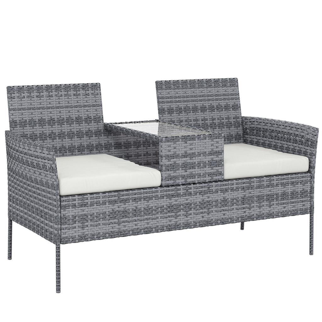 Woven Resin 2 Seater Garden Bench With Table And Cushions 135 X 64 X 81 Cm For Balcony And Terrace Black