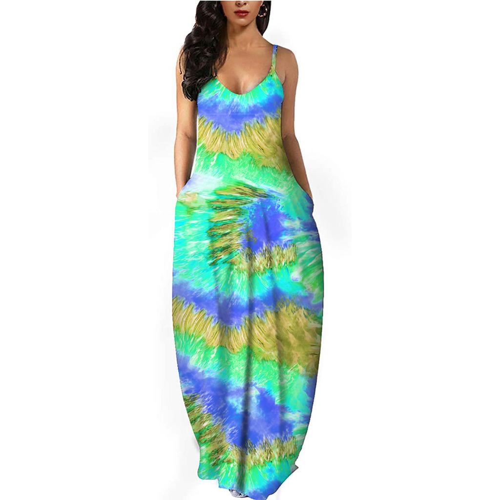 Women Gradient Tie-Dye Sleeveless V Neck Maxi Dress Sundress Beach Long Dres
