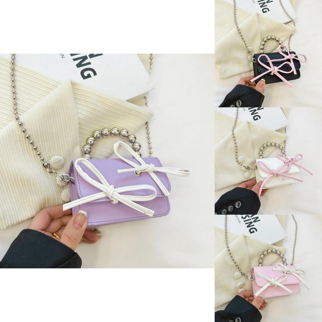 Cute Color-block Kids Shoulder Bag Mini Beaded Child Bag Fashion Bow Children Crossbody Bag Pink