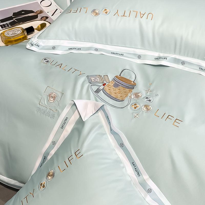 Комплект из четырех предметов из стираного шелка, высококачественное постельное белье из ледяного шелка, вышитое одеяло, покрывало, простыня, комплект из трех предметов