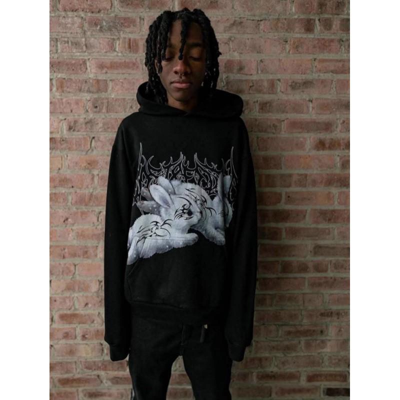 Unisex Retro Hip Hop Hoodie Black 3D Print Streetwear Oversized Fit Long Sleeve Pullover