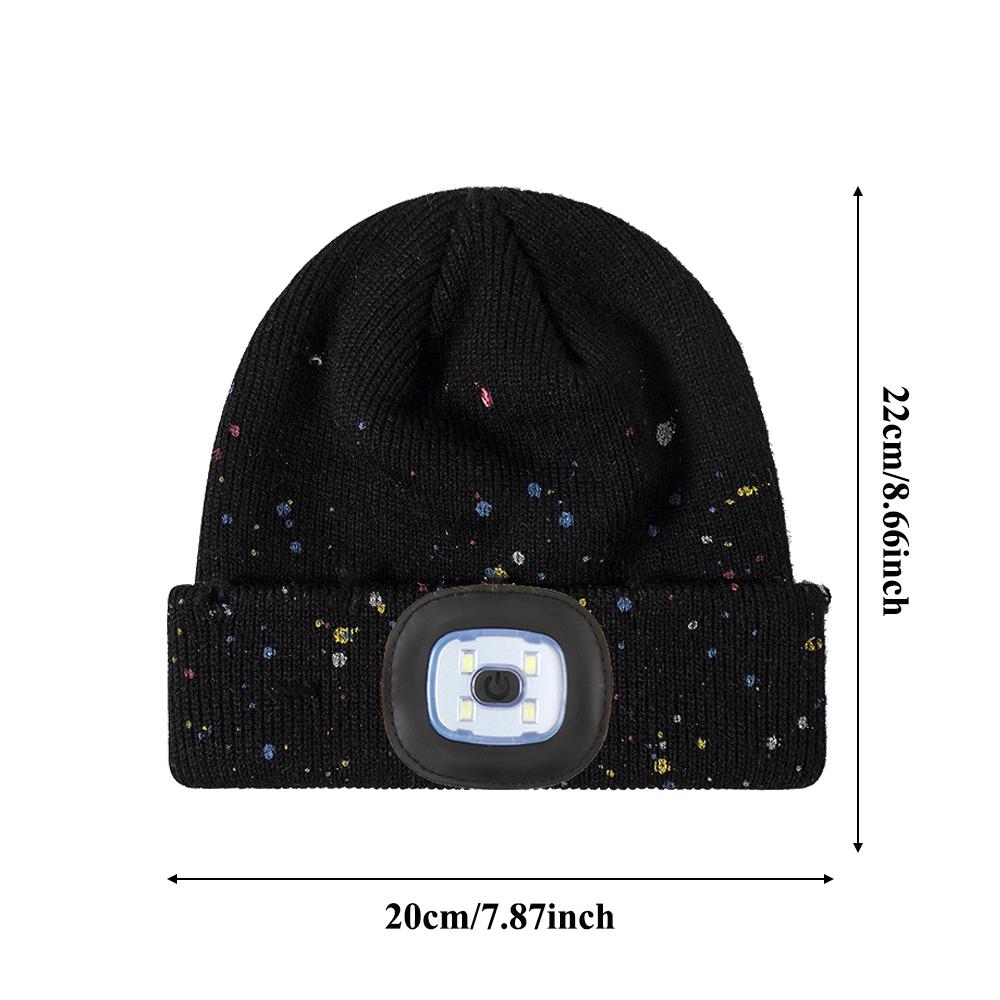 Rechargeable LED Beanie with rainbow Paint Speckles Factory Winter Knit Hat for Running Working Embroidery logo Available Cap