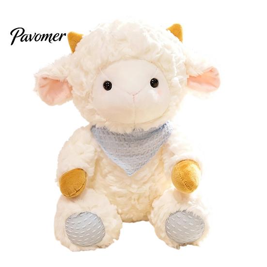 Soft Huggable Doll Cute Lamb Plush Toy, Sheep Stuffed Animal with Knit Bandana, Fluffy Curly Fur Plushie for Kids Girls Birthday Gift, Year