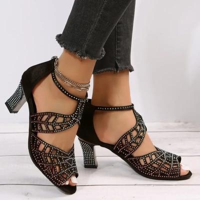 Женские блестящие туфли на высоком каблуке со стразами, сексуальные полые туфли-лодочки с открытой пяткой, черные босоножки с кристаллами, открытый носок, туфли-шпильки, повседневная обувь для вечернего платья