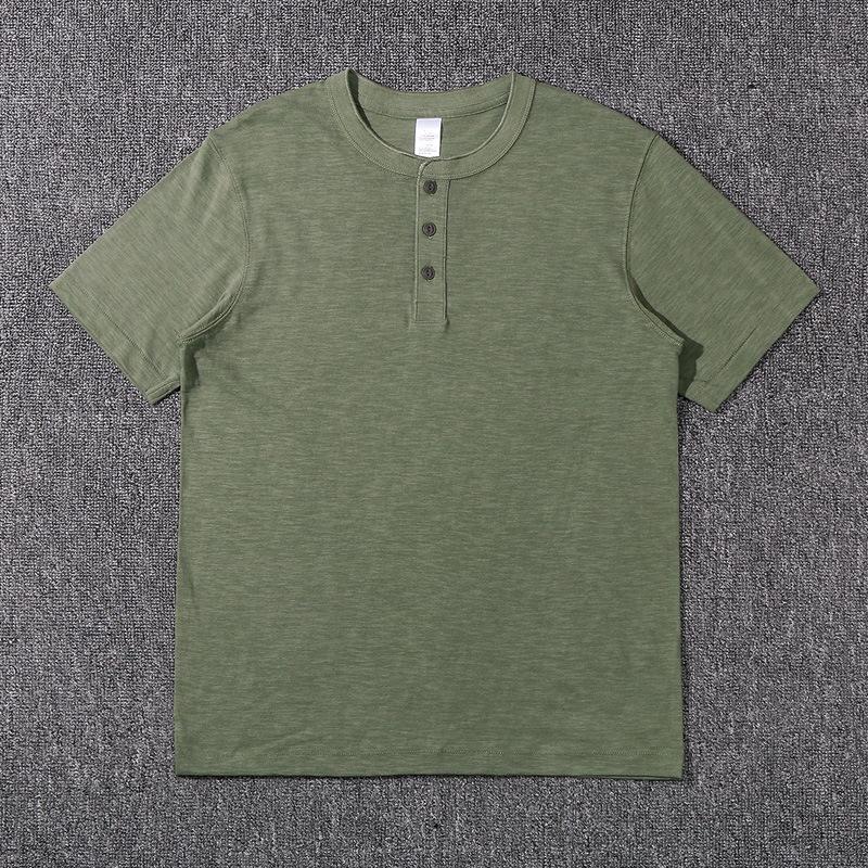 Heavyweight Slub Cotton Men‘s T-Shirt Henley Neck American Vintage Loose Soft Undershirt Summer