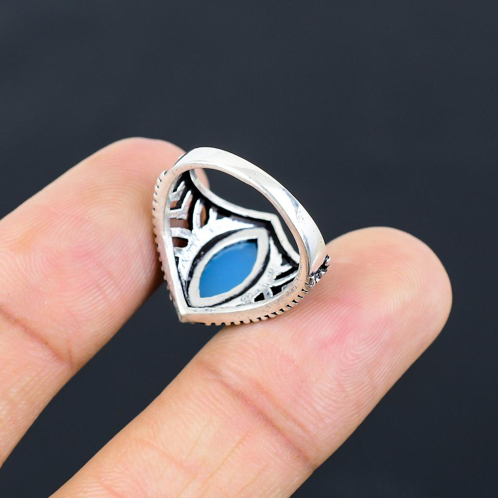 Голубой Халцедон Ручной работы Ювелирное изделие из стерлингового серебра 925 пробы Кольцо Размер 8 O1G61