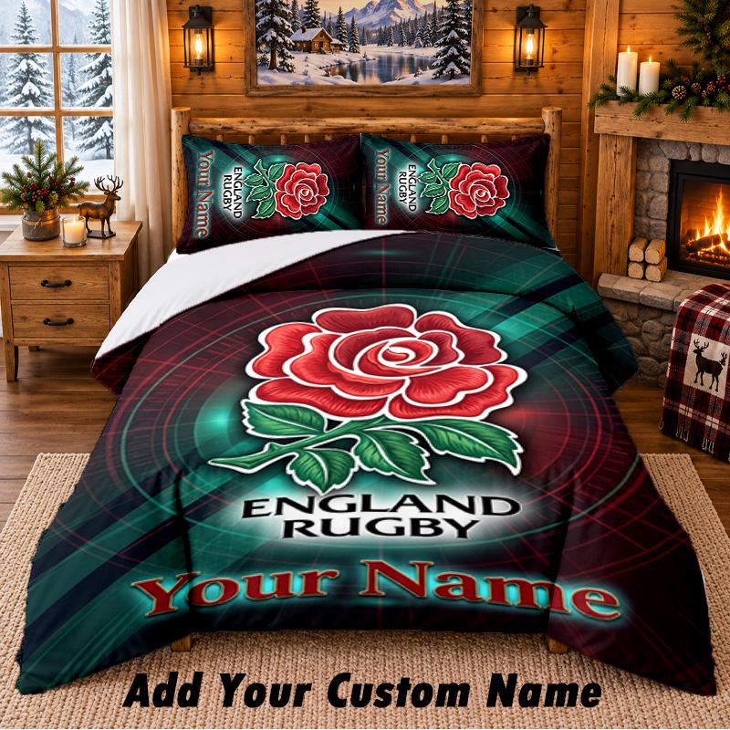 England Rugby Pattern Bedding 3Pcs Set Custom Name, Bed Sheet And Pillowcases For Home Bedroom