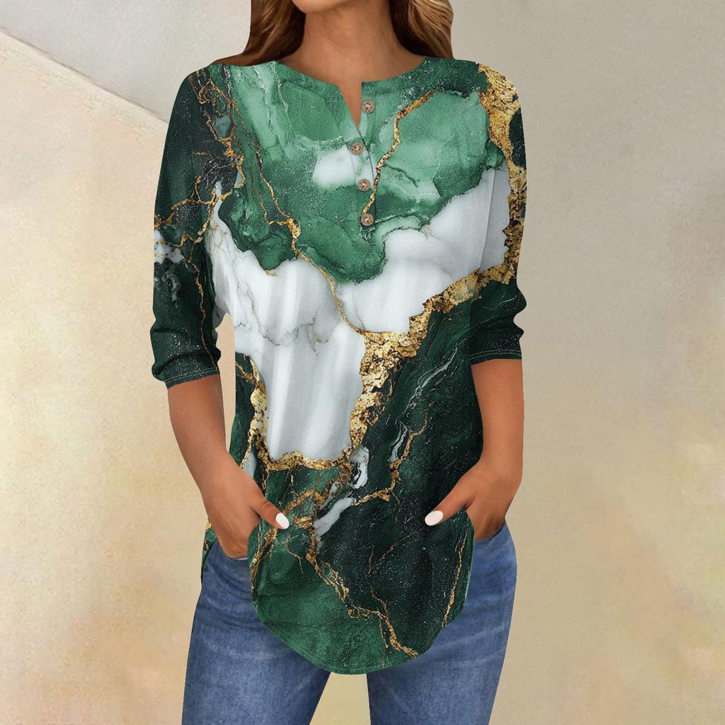 3/4 Length Sleeve Womens Tops Summer T-Shirts Floral Print V Neck Casual Basic Tee Button Shirts Tunic Tops