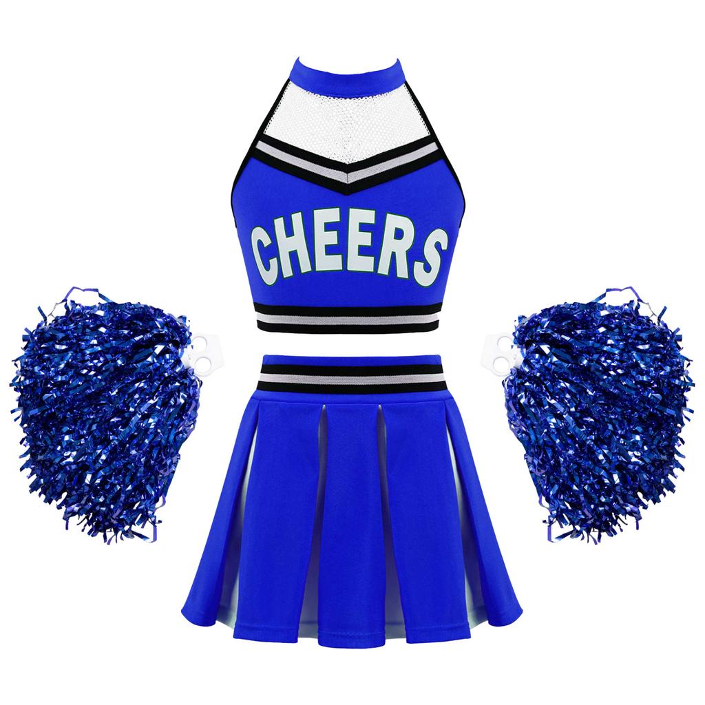 School Girls Costume Cheerleading Uniform Crop Vest Tops Pleated Skirt for Student Cosplay Party