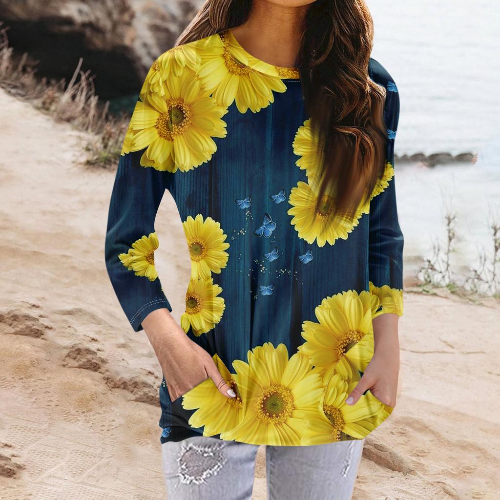 Женская модная повседневная футболка с карманом и круглым вырезом с рукавами 3/4 и топом