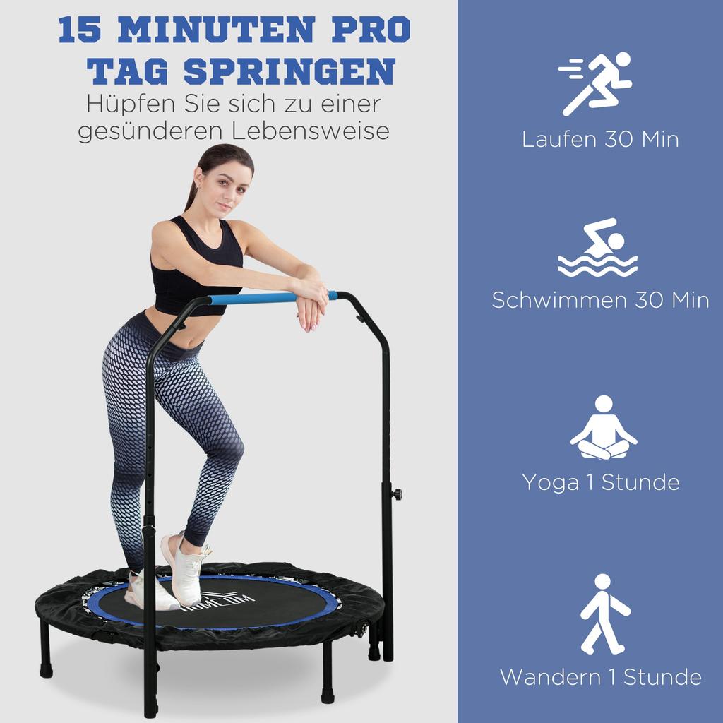40" Foldable Mini Fitness Trampoline, with Adjustable Foam Handle, Blue