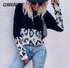 Autumn and Winter Women's Sweater Fashion Splicing Long Sleeve Leopard Print Sweater Loose Slouchy