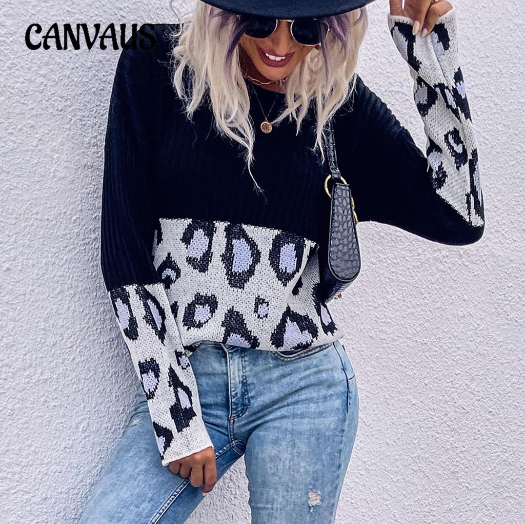 Autumn and Winter Women's Sweater Fashion Splicing Long Sleeve Leopard Print Sweater Loose Slouchy