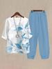 European and American women's new bamboo joint linen printed vacation beach lazy loose two-piece set