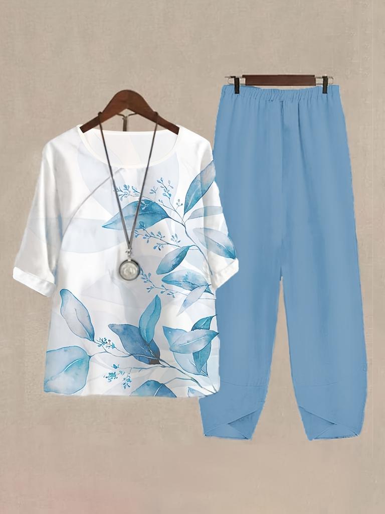 European and American women's new bamboo joint linen printed vacation beach lazy loose two-piece set