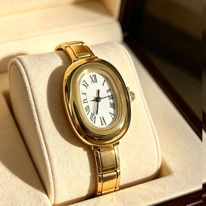Ins Retro Oval Dial Module Watch Glossy Stainless Steel Band Simple Vertical Roman Scale Elegant Casual Quartz Wrist Watch