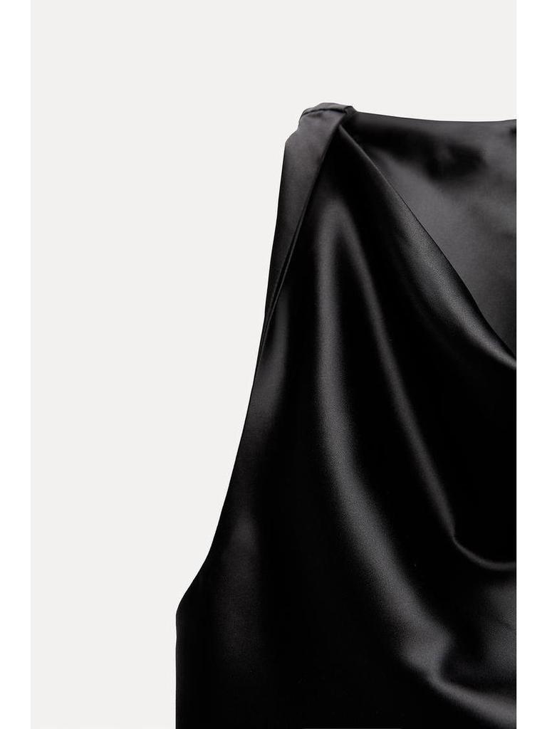 Европейское и американское женское атласное платье миди с драпировкой на талии и вырезом-капюшоном.