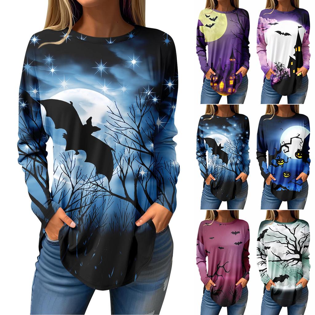 Tee Shirts For Women Fall Casual Long Sleeve Shirts Sweatshirt Halloween Printing Top Pullover