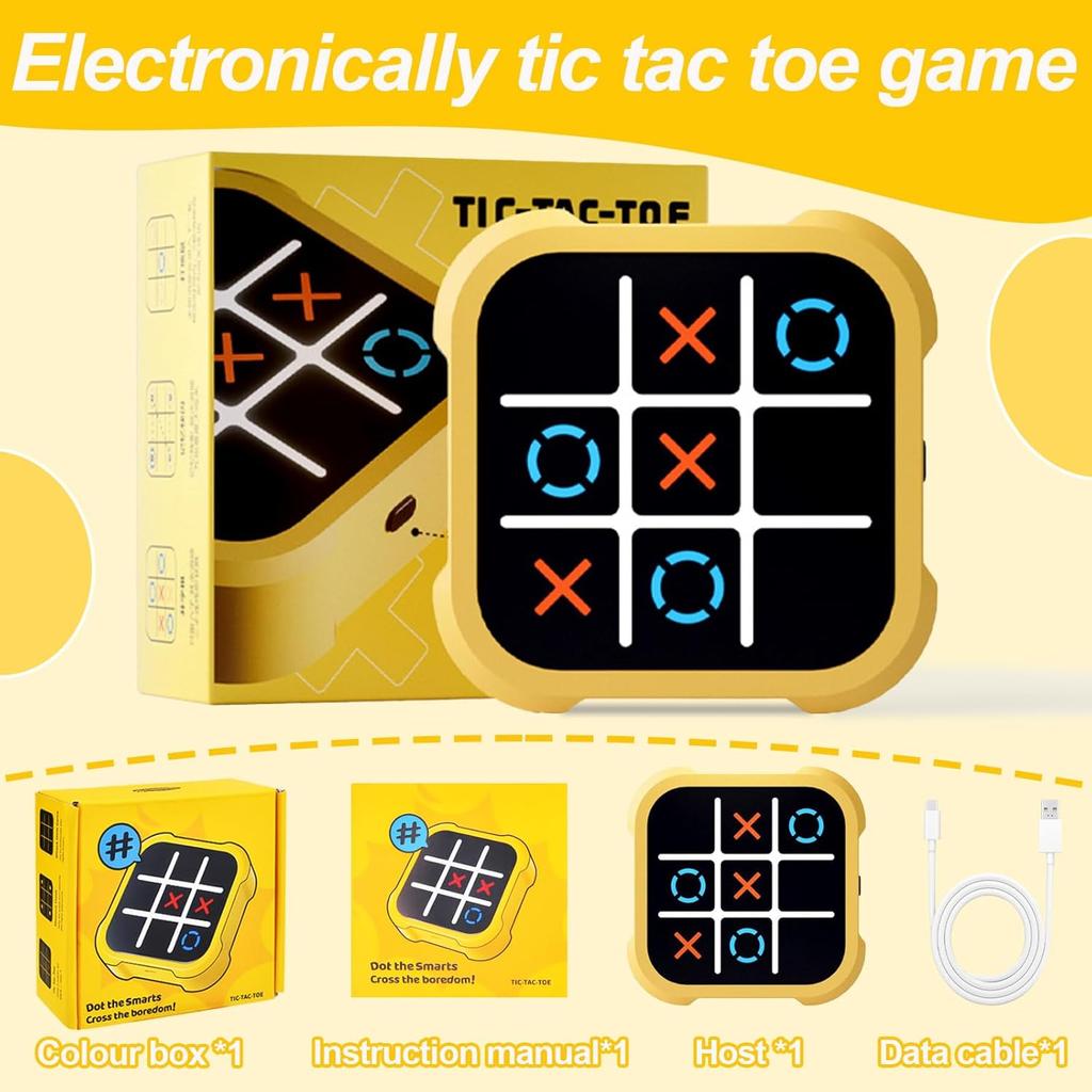Tic Tac Toe Electronic, 3-in-1 Puzzle Game Console, Board Game, Family Portable Travel Games for Education, 3+ Year Old Boys (Yellow)