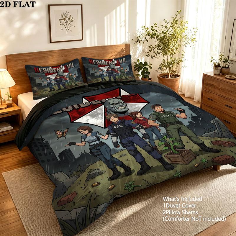 Resident Evil Pattern Bedding Quilt Set Quilt Cover Pillowcase Home Birthday Gift(1 * duvet cover + 2 * pillowcase, without core)