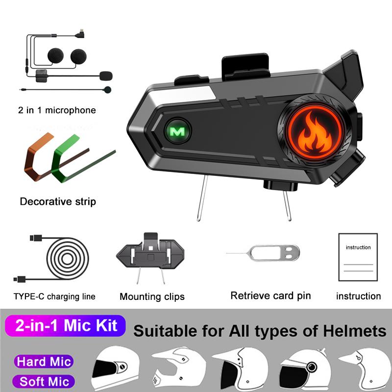 KEBIDUMEI Motorcycle Helmet Intercom Headset for 2 Rider 500M Interphone Bluetooth 5.3 Waterproof Wireless Speaker Earphone