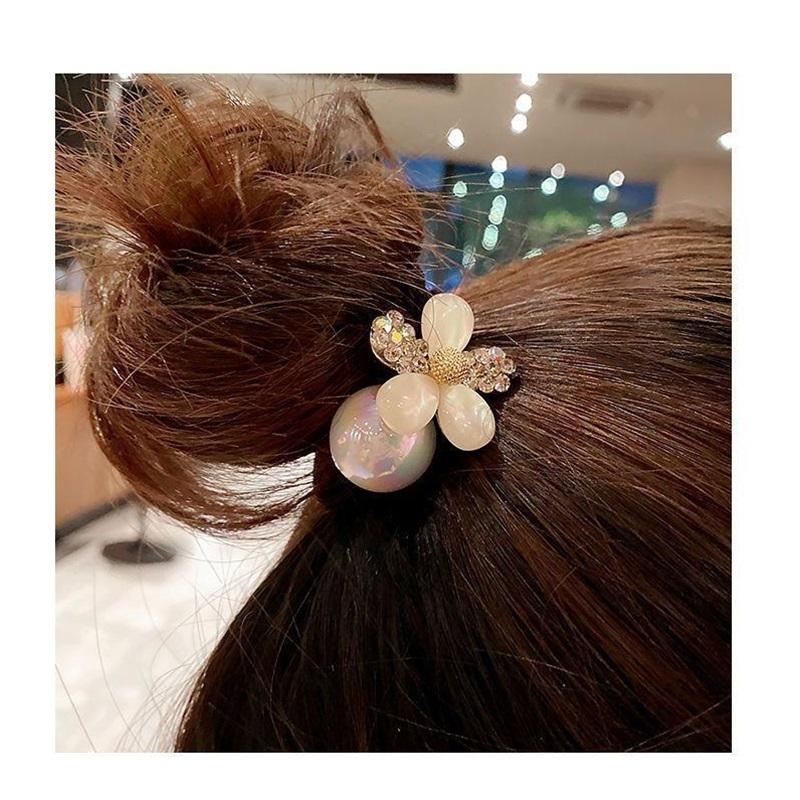 Korean Fashion Flower Cat's Eye Stone Double Strand Hair Rope Pearl Hair Tie Women Ponytail Bun Daily Hair Accessories