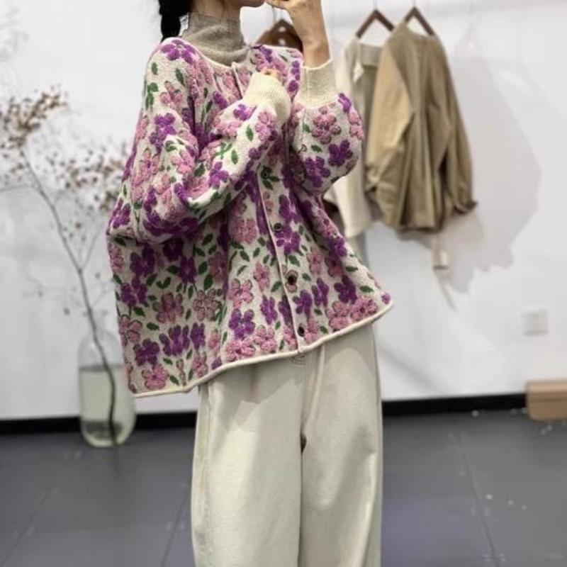 Sweaters Flower Cardigan Autumn Women Print O-Neck Sweaters Knitting Loose Sweater Black