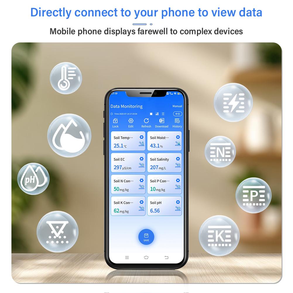Датчик почвы 8-в-1 для влажности, электропроводности, pH, азота, фосфора, калия, температуры, солености, совместимый с USB, Android, HarmonyOS