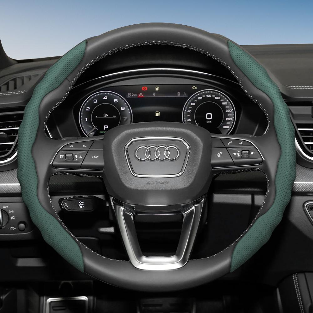 Steering Wheel Cover for Audi, Wave-Shaped Sporty Design, Breathable Leather, Segmented, Non-Slip, Sweat-Absorbent Protective Case A4 B8