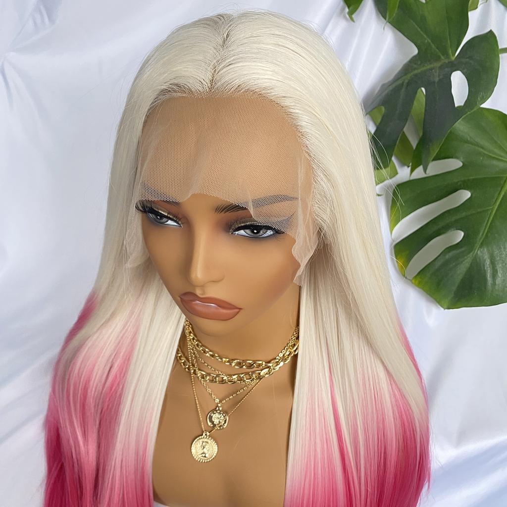 Ombre Pink Synthetic Lace Front Wig Colored Platinum Roots 13x4 Long Straight Hair Natural Hairline Glueless Wigs For Women