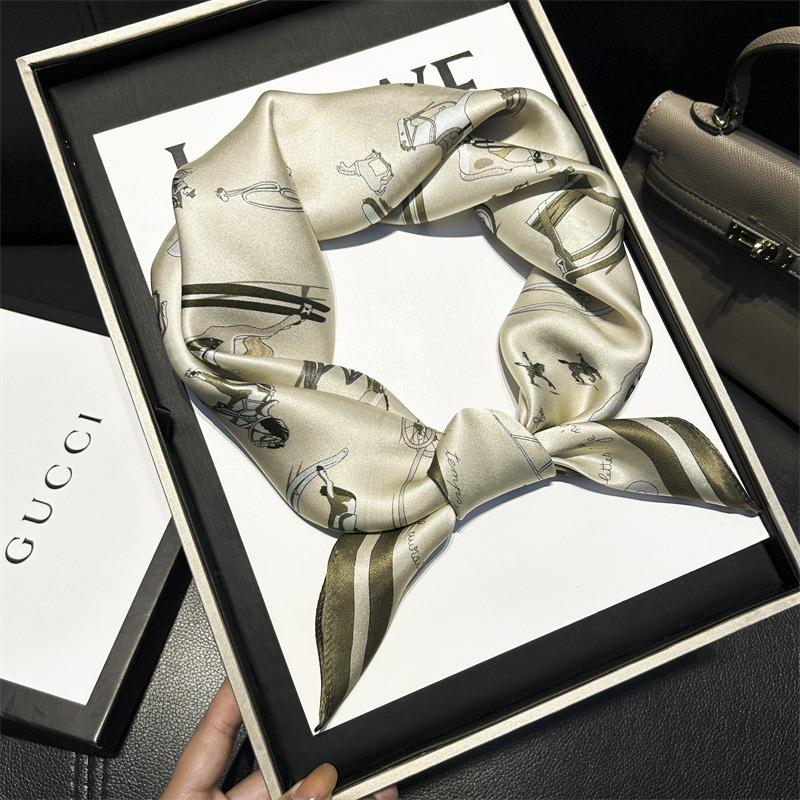 Весенне-летний тонкий шарф из тутового шелка, женский бежевый, с принтом пони, шелковый платок 70, маленький квадратный, профессиональный, декоративный, шелковый подарок