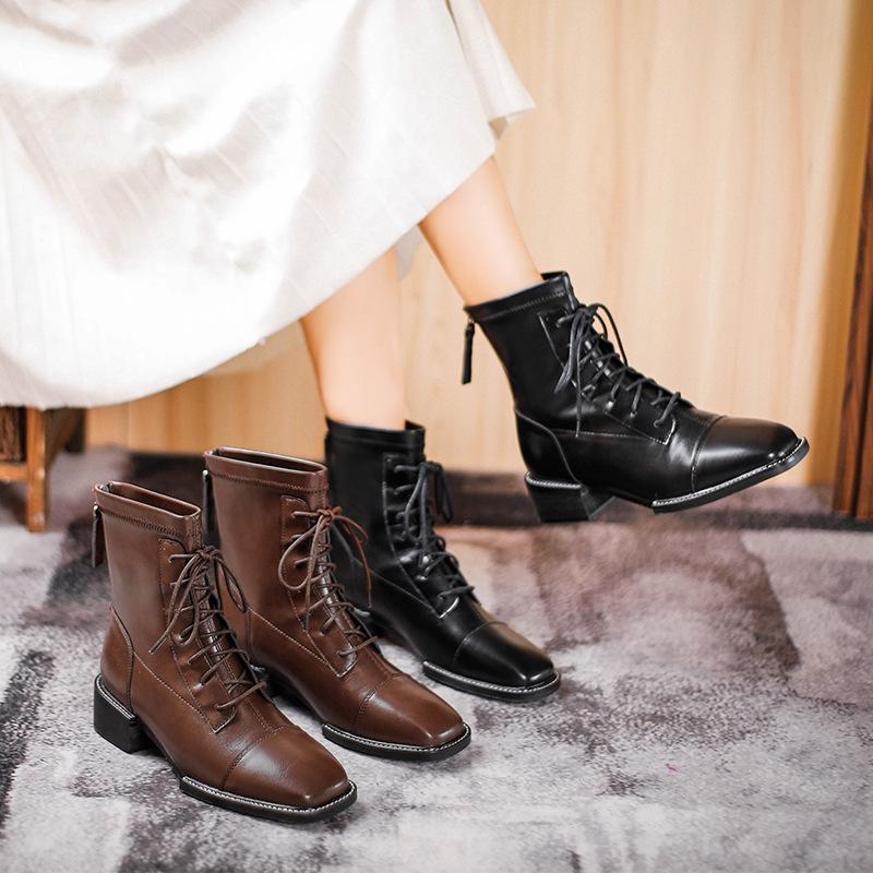 Коричневые ботинки Martin женские стильные со шнуровкой квадратный носок средний каблук новые женские ботинки модные средние толстые каблуки короткие ботинки