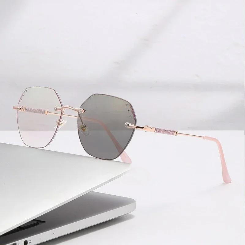 Оверсайз Безободковые Хромированные Очки для Миопии для Женщин Мерцающие Защищающие от Синего Света Очки для Близорукости УФ Очки-Гогглы Оттенки от 0 до -4.0