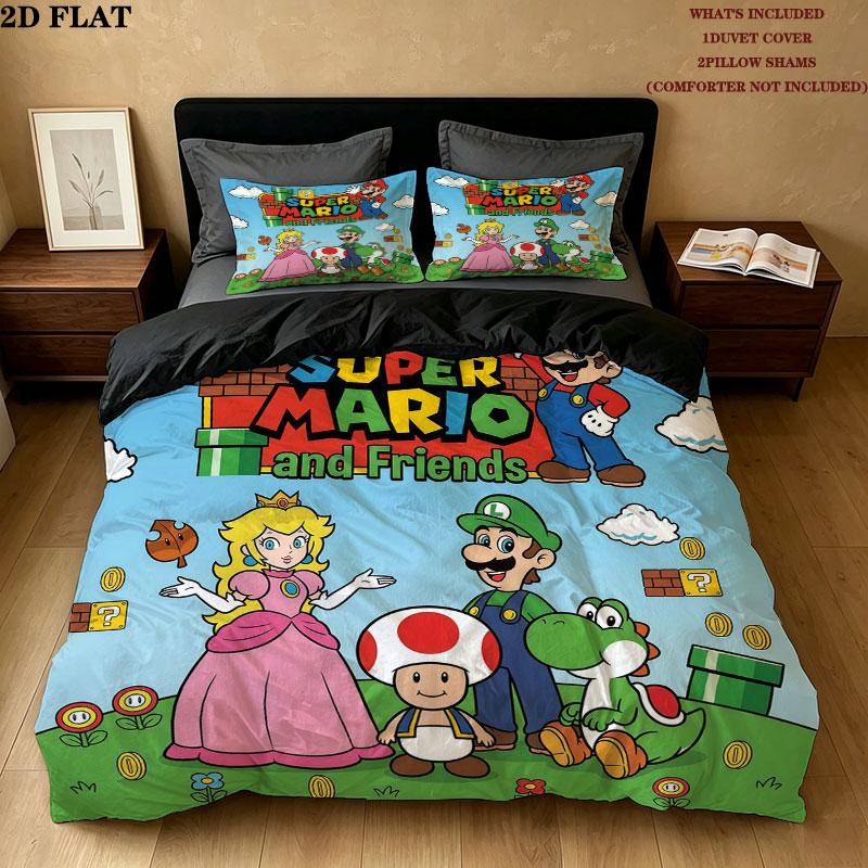 Super Mario Pattern Bedding Quilt Set Quilt Cover Pillowcase Home Birthday Gift(1 * duvet cover + 2 * pillowcase, without core)