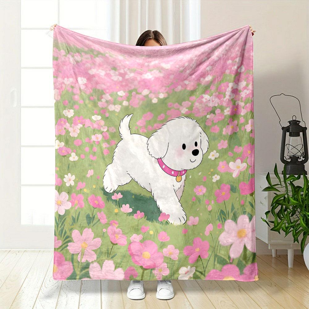 White Puppy in Pink Flower Field print blanket soft and cozy perfect for the living room bed sofa or a nap,gift