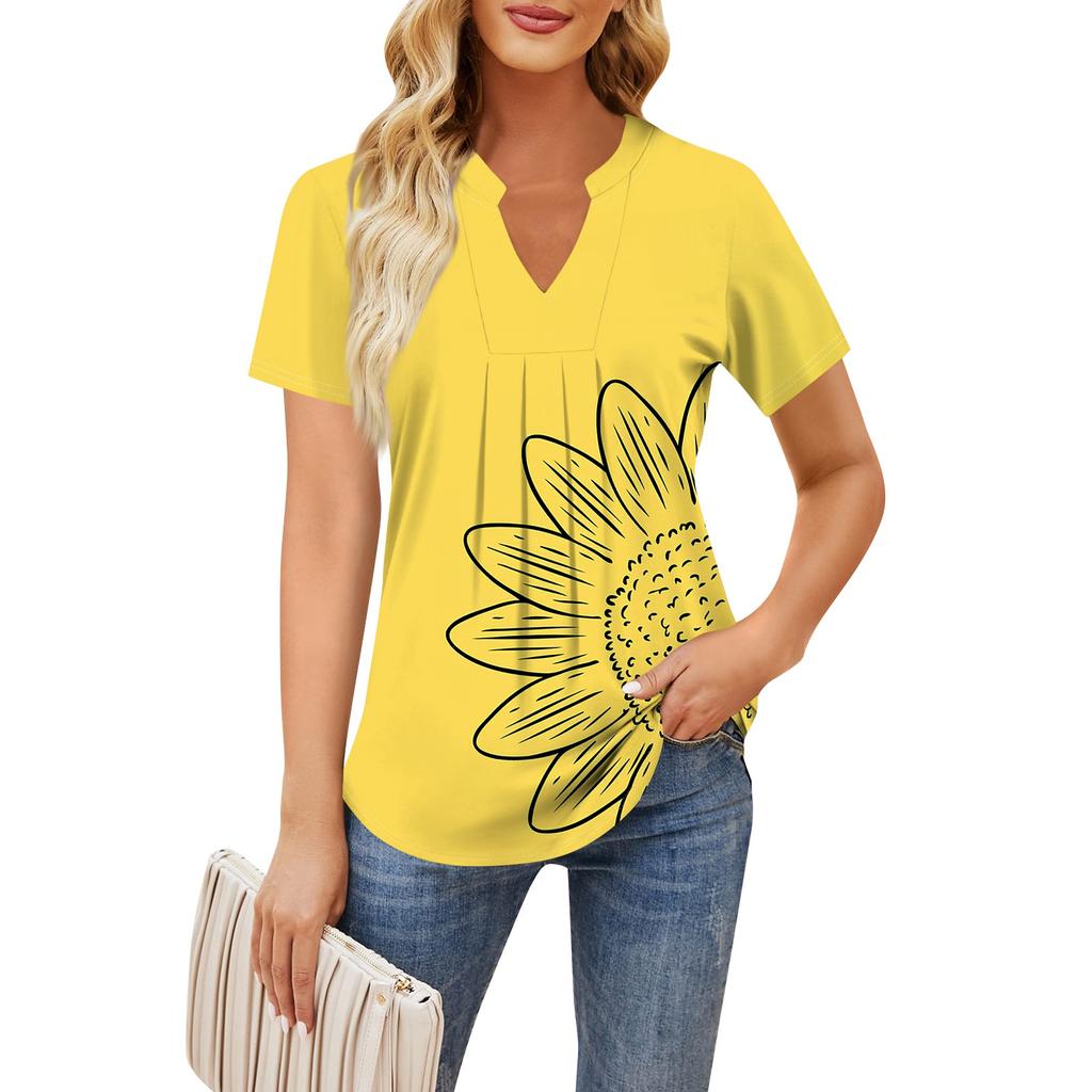 Women's Short Sleeve Casual V-neck Chest Pleated Printed Loose T-shirt Top