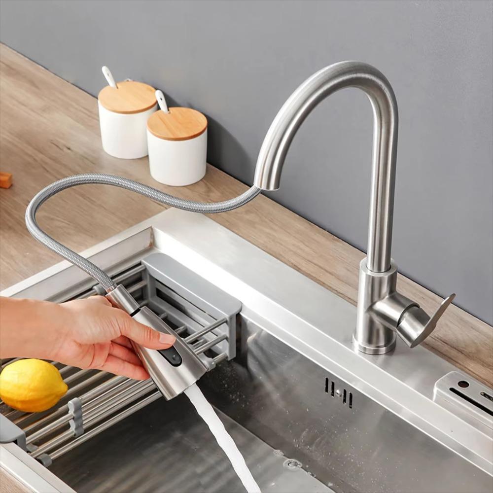 Выдвижные кухонные смесители 360° Вращающийся кухонный смеситель из нержавеющей стали Защита от брызг Двойной режим выхода воды Горячая холодная вода