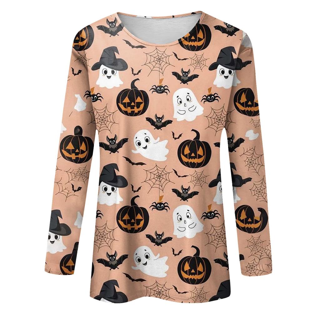 Women's Fashion Casual Long Sleeve Striped Halloween Printed Round Neck Top