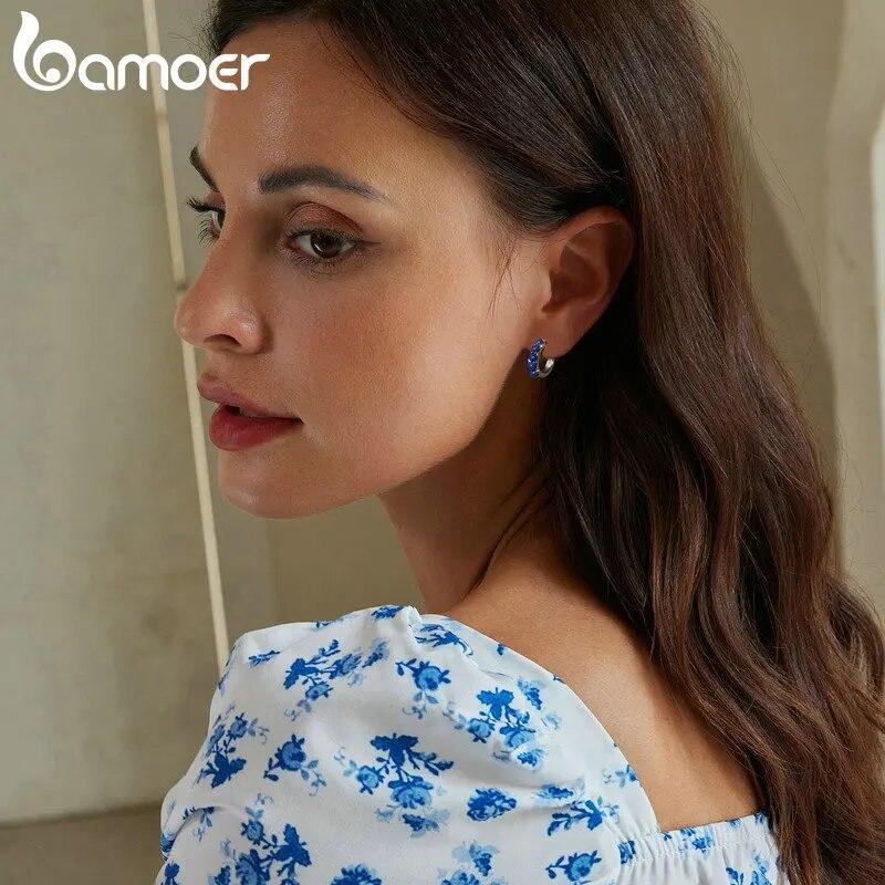 Bamoer 925 Sterling Silver Blue Planet Hoop Earrings Stacked Blue Stone Ear Buckles for Women Daily Wearing Fine Jewelry Gift