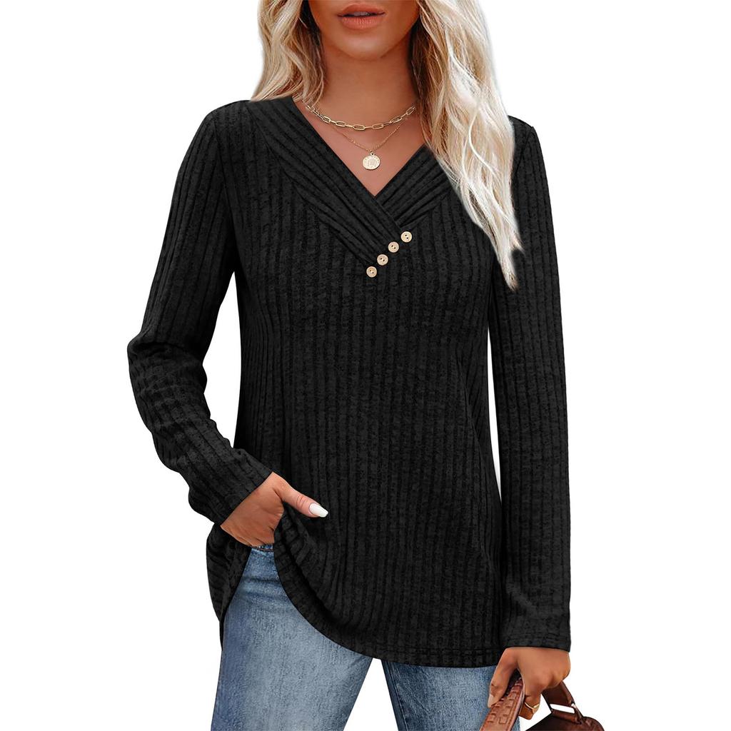 Women Long Sleeve Shirts V Neck Tops With Buttons Fall Fashion Outfits Winter Sweaters