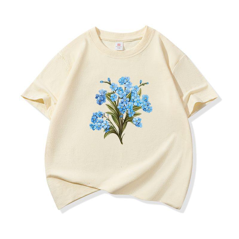 Kids Pure Cotton T Shirt Blue Floral Print Crew Neck Short Sleeve Tee Casual Breathable Boys Girls Summer Tops