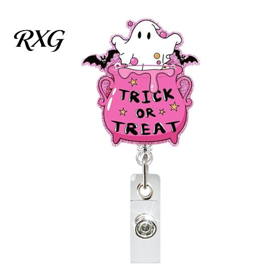 Retractable ID Badge Holder Holder, Halloween Glitter Acrylic Reel, Cute Ghost Card Reel Pumpkin for Nurse Doctor Teacher Worker Keychain Clip