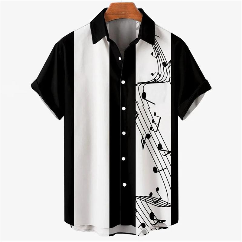 Summer Men's Shirt Hawaii Short Sleeved T-shirt Music Note Print Boys and Girls Beach Travel Top Casual Clothing