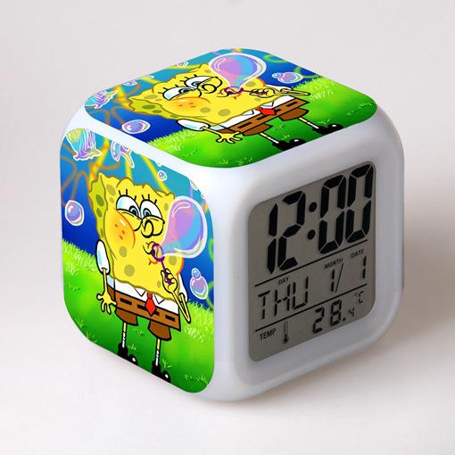 Cartoon SpongeBob SquarePants Alarm Clock Children's Gifts Color-changing Colorful Alarm Clock Square Clock Bedside Clock